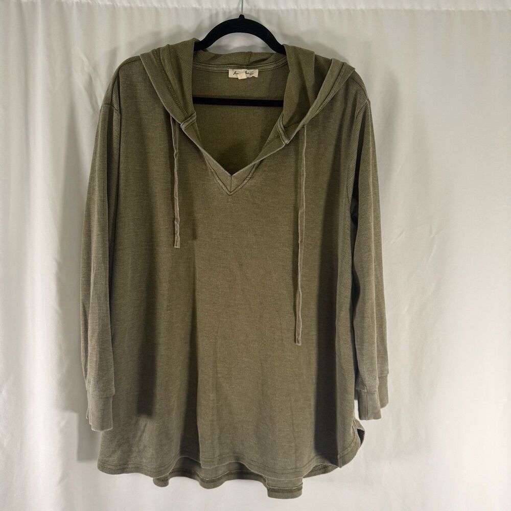Jane Delancey Hoodie 1X Green Drawstring Vneck Pullover Cotton Blend